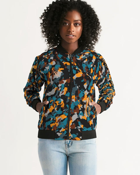 Blue and Orange Camo Women's Bomber Jacket